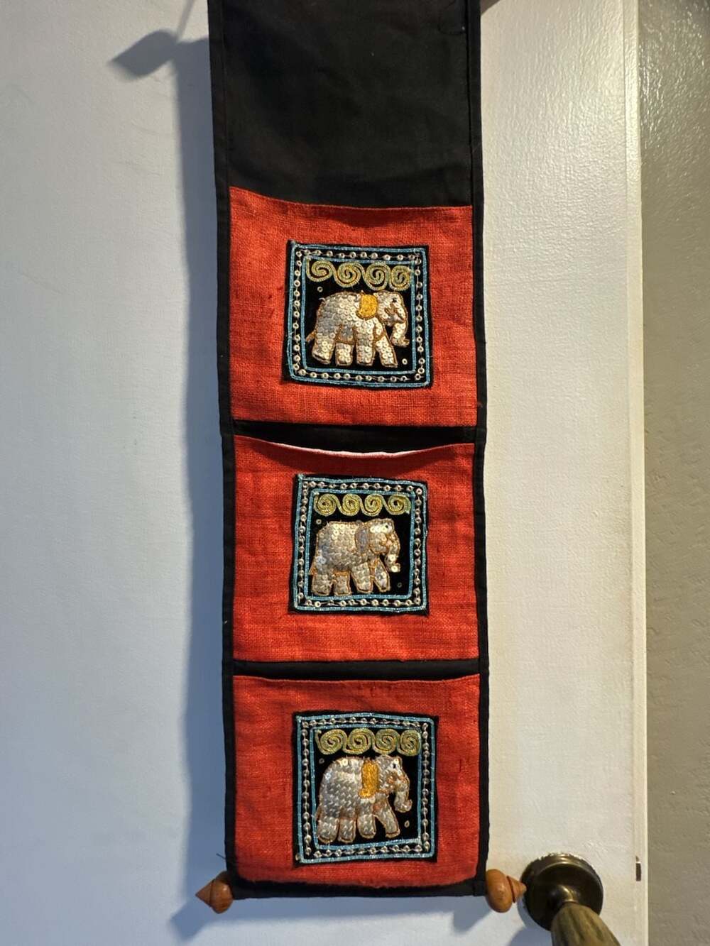 Vintage Thai Elephant Wall Hanging Organizer with 3 Pockets